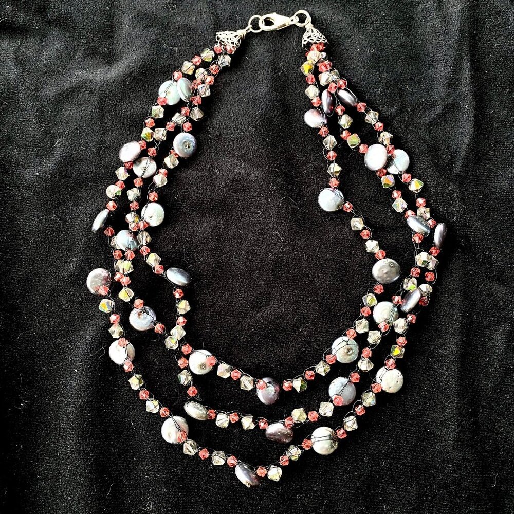 Handmade Wire Crochet Coin Pearls Swarovski Crystals Necklace Sterling 16in